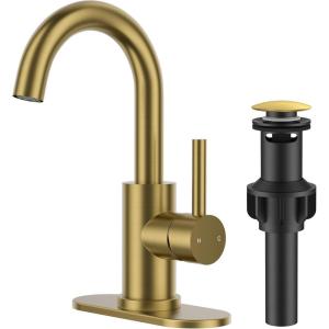 imageFORIOUS Black Bathroom Faucet 1 or 3 Hole Single Handle Matte Black Bathroom Sink Faucet 2 Pack with cUPC Supply Line and Pop Up Drain Suitable for Bar RV Vanity Restroom CommerialBrushed Gold