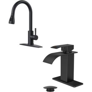 imageFORIOUS Black Kitchen Faucet Waterfall Bathroom Faucet