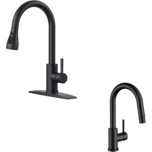 imageFORIOUS Black Kitchen Faucet and Bar Sink Faucet with Pull Down Sprayer for Bar Bathroom Farmhouse Camper Laundry Rv
