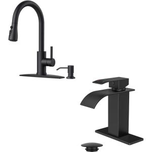 imageFORIOUS Black Kitchen FaucetWaterfall Bathroom Faucet