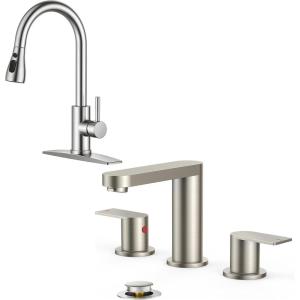 imageFORIOUS Brushed Nickel Kitchen Faucets  Bathroom Faucets 3 Hole