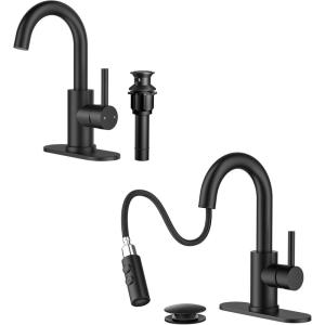 imageFORIOUS Matte Black Bathroom Faucet 1 Hole 360 Swivel Single Handle Bathroom Sink Faucet with Pop Up Drain