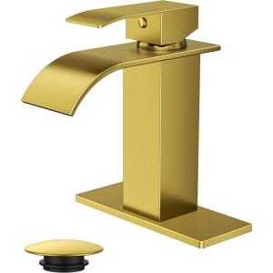 imageFORIOUS Matte Black Waterfall Bathroom Faucets 1 or 3 Hole Vanity Single Bathroom Sink Faucet with cUPC Supply Line and Pop Up Drain Suitable for Basin Rv Restroom SinkBrushed Gold