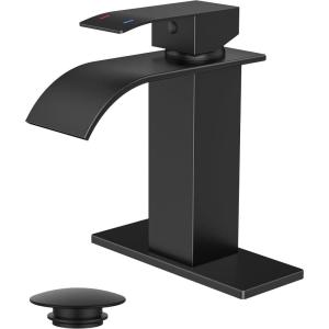 imageFORIOUS Matte Black Waterfall Bathroom Faucets 1 or 3 Hole Vanity Single Bathroom Sink Faucet with cUPC Supply Line and Pop Up Drain Suitable for Basin Rv Restroom SinkMatte Black