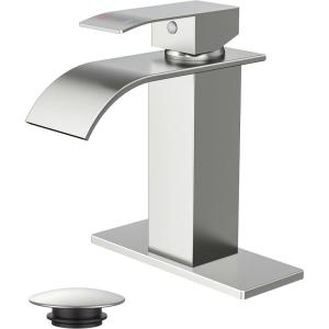 imageFORIOUS Matte Black Waterfall Bathroom Faucets 1 or 3 Hole Vanity Single Bathroom Sink Faucet with cUPC Supply Line and Pop Up Drain Suitable for Basin Rv Restroom SinkBrushed Nickel