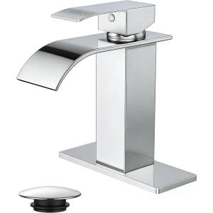 imageFORIOUS Matte Black Waterfall Bathroom Faucets 1 or 3 Hole Vanity Single Bathroom Sink Faucet with cUPC Supply Line and Pop Up Drain Suitable for Basin Rv Restroom SinkChrome