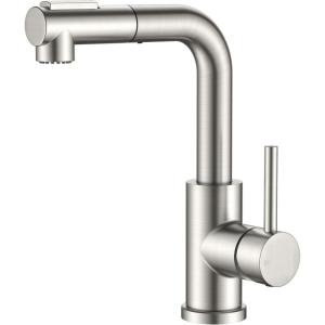 imageFORIOUS Modern Bar Sink Faucet Brushed Nickel Stainless Steel Single Handle Small Kitchen Sink Faucet with Pull Out Sprayer 360 Swivel Spout LShaped Design Suitable for Camper Outdoor Bathroom RVStainless Steel