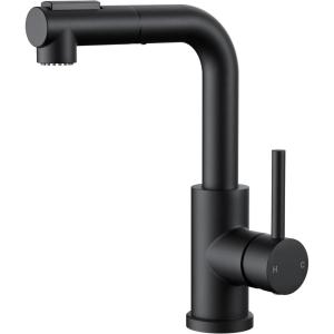 imageFORIOUS Modern Bar Sink Faucet Brushed Nickel Stainless Steel Single Handle Small Kitchen Sink Faucet with Pull Out Sprayer 360 Swivel Spout LShaped Design Suitable for Camper Outdoor Bathroom RVMatte Black