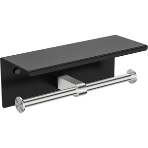 image:imageFORIOUS Double Toilet Paper Holder with Shelf Wall Mount Tissue Roll Holder for Bathroom 304 Stainless Steel Commercial Toilet Tissue Dispensers with Phone Shelf 4 Stainless SteelMatte Black  Stainless Steel