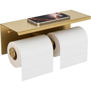 image:imageFORIOUS Double Toilet Paper Holder with Shelf Wall Mount Tissue Roll Holder for Bathroom 304 Stainless Steel Commercial Toilet Tissue Dispensers with Phone Shelf 4 Stainless SteelBrushed Gold