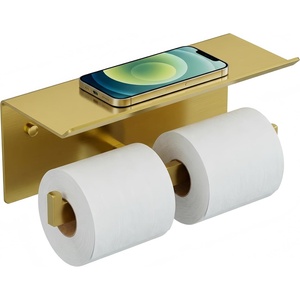 image:imageFORIOUS Toilet Paper Holder with Shelf 304 Stainless Steel Wall Mount Commercial Toilet Paper Dispenser Double Tissue Roll Holder for Bathroom 2 Matte BlackBrushed Gold
