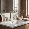 image:imageFORIOUS Brushed Nickel Bathroom Faucet for 3 Hole Widespread Bathroom Sink Faucet with Pop Up Drain and Hoses for Vanity Restroom RV Lavatory 360 Rotatable SpoutChrome